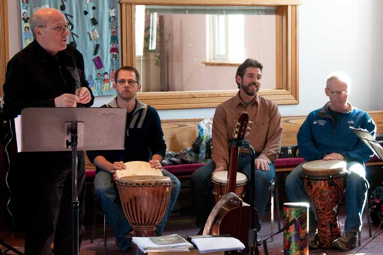 Andrew Donaldson with instrumentalists at a workshop event